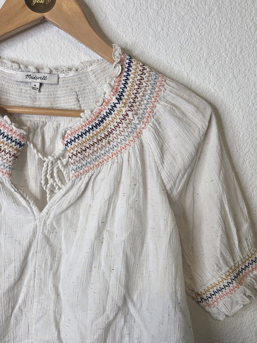 Madewell Cream Peasant Blouse with Multicolor Smocking Size Medium